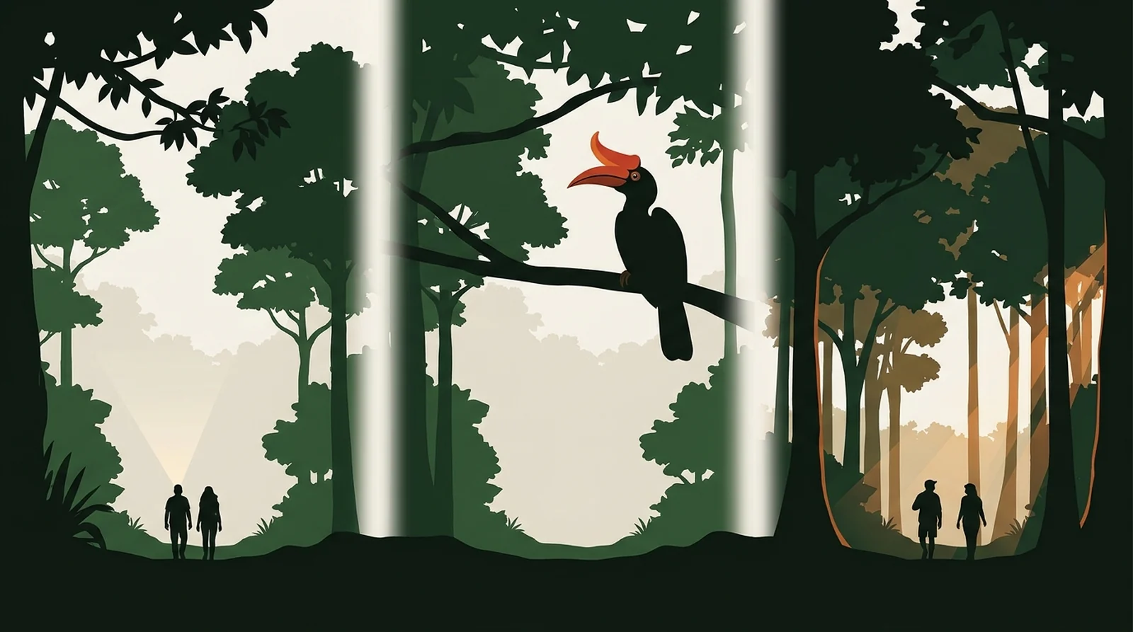 Illustration of a rainforest trail at dawn, midday and late afternoon divided by mist