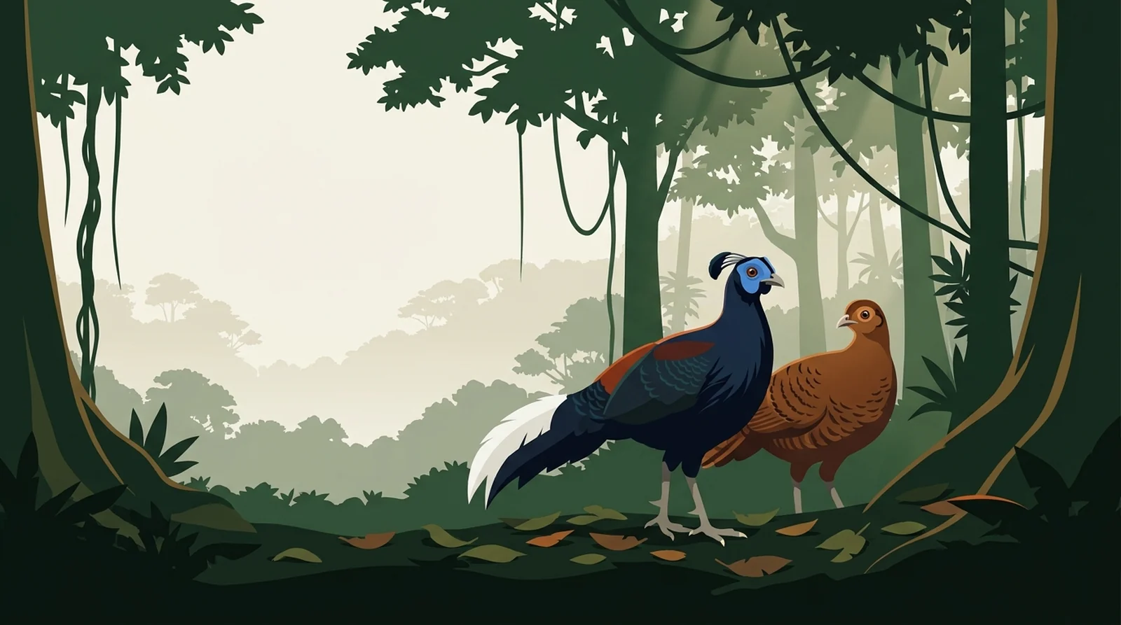Illustration of a male and female crested fireback on the rainforest floor