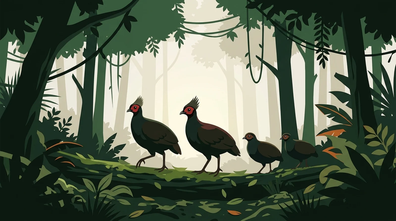 Illustration of a covey of Bornean partridges crossing the rainforest floor