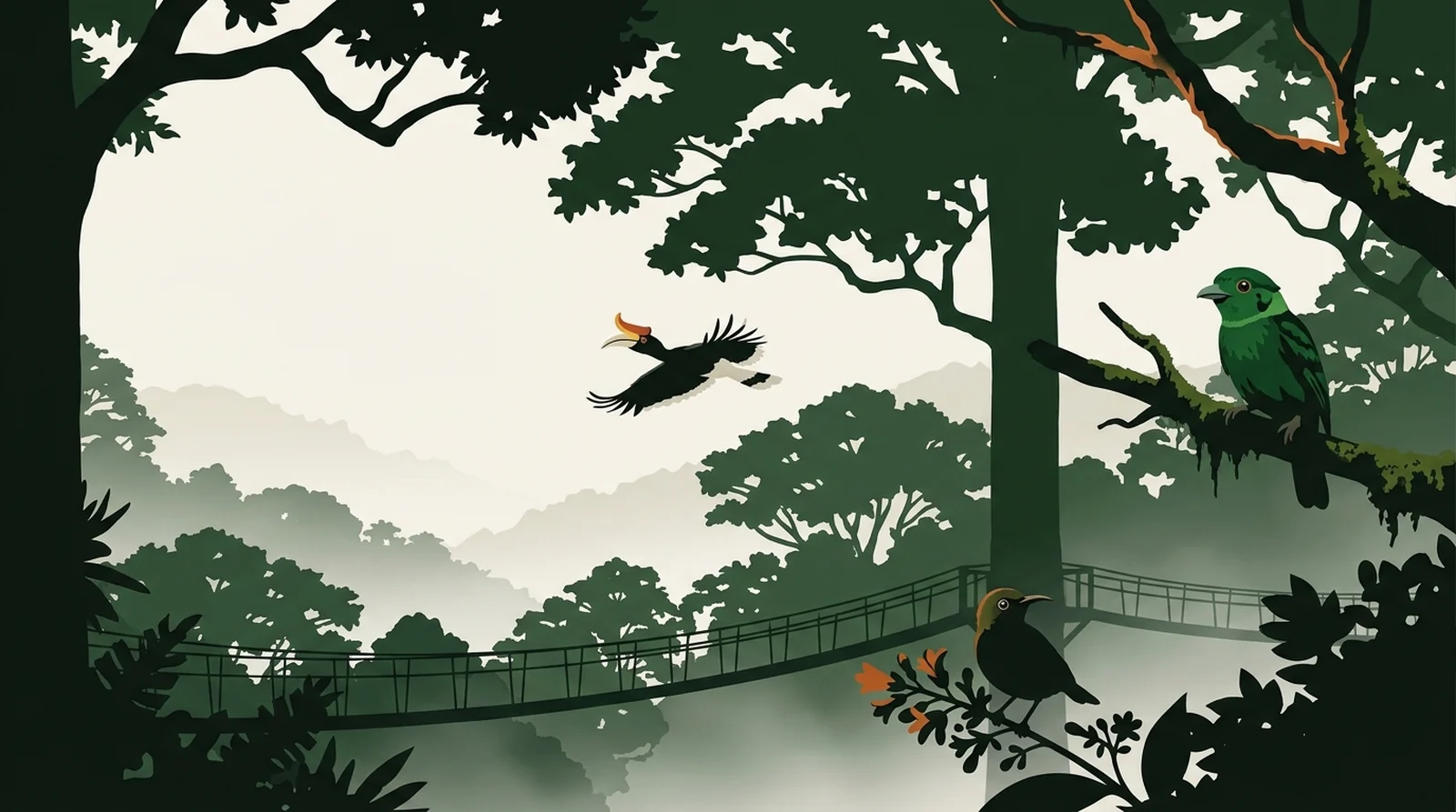 Illustration of a mixed flock of canopy birds at eye level from the Danum walkway