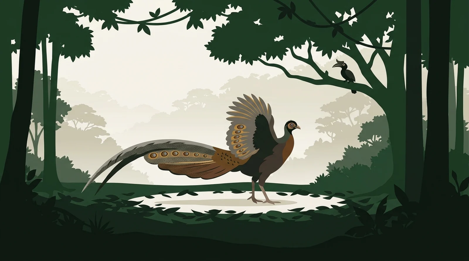 Illustration of a great argus pheasant on its cleared dancing ground in the forest
