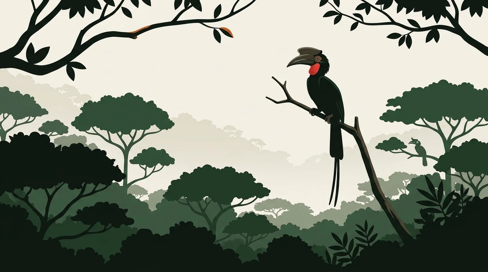 Illustration of a helmeted hornbill perched on a bare emergent branch above the canopy