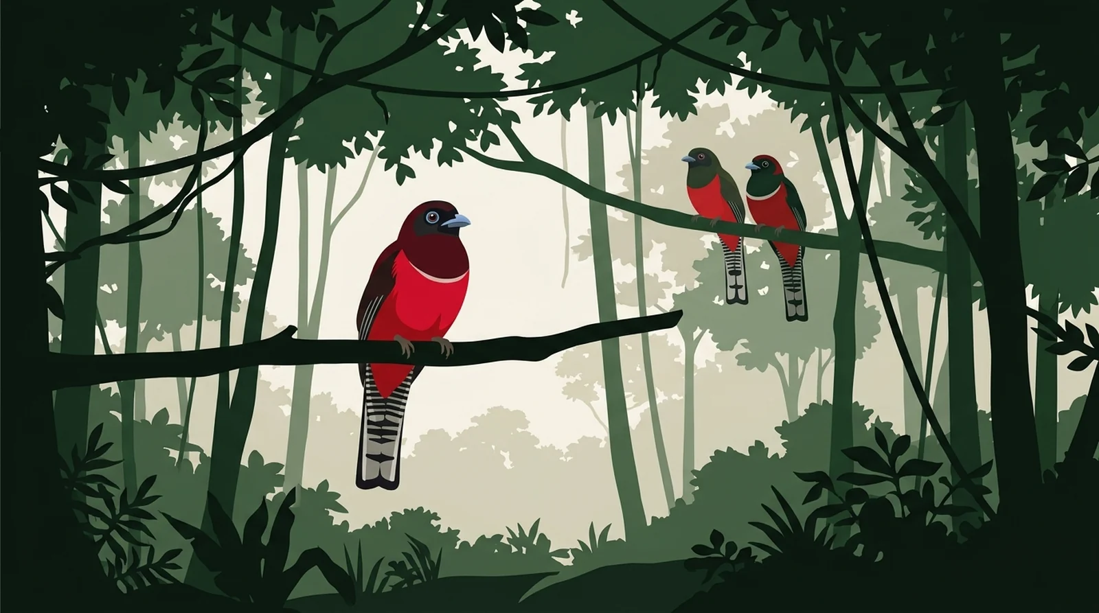 Illustration of two lowland trogons perched in the dim mid-storey of the rainforest