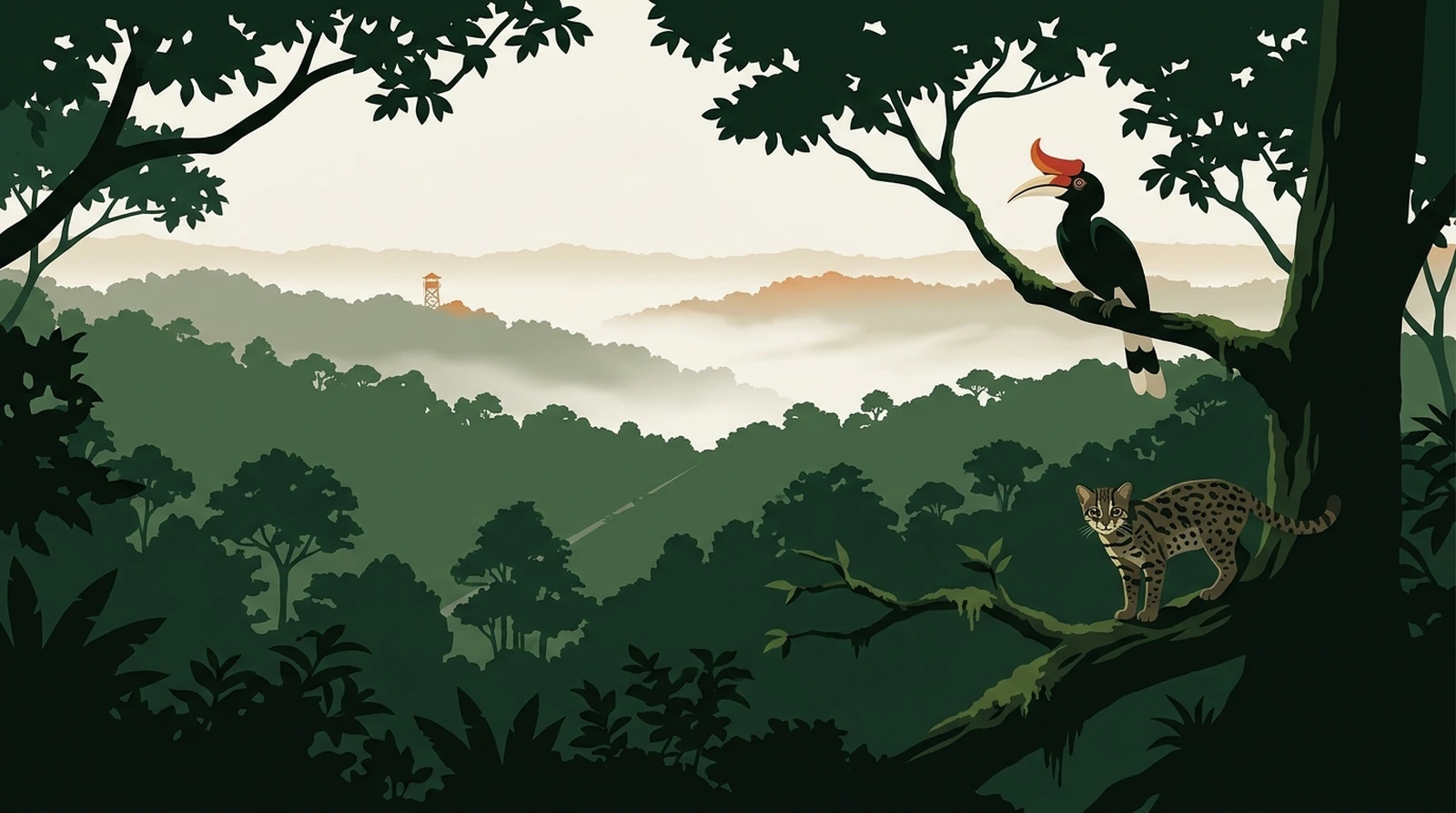 Illustration of unbroken rainforest reaching to a distant ridge with a research tower above the canopy