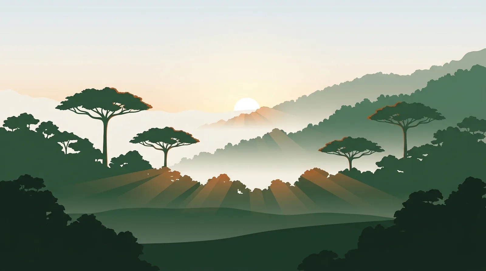 Illustration of a misted rainforest valley at sunrise with emergent trees rising above the canopy