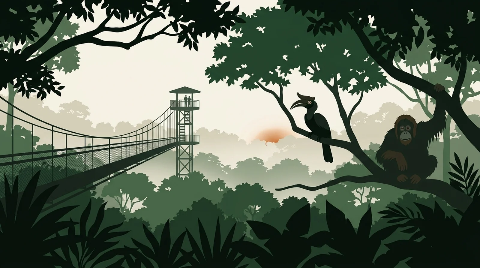 Illustration of a canopy walkway and observation tower above the forest at the Rainforest Discovery Centre