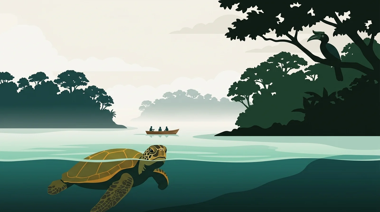 Illustration of the forested islands of the Semporna archipelago seen from the water