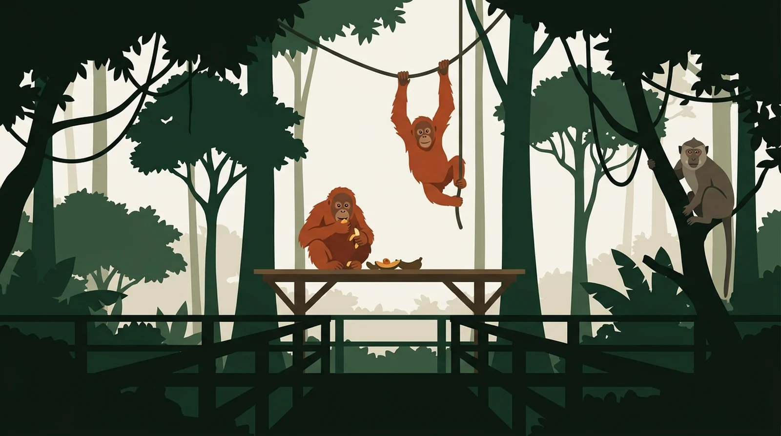 Illustration of orangutans at a timber feeding platform seen from a visitor boardwalk
