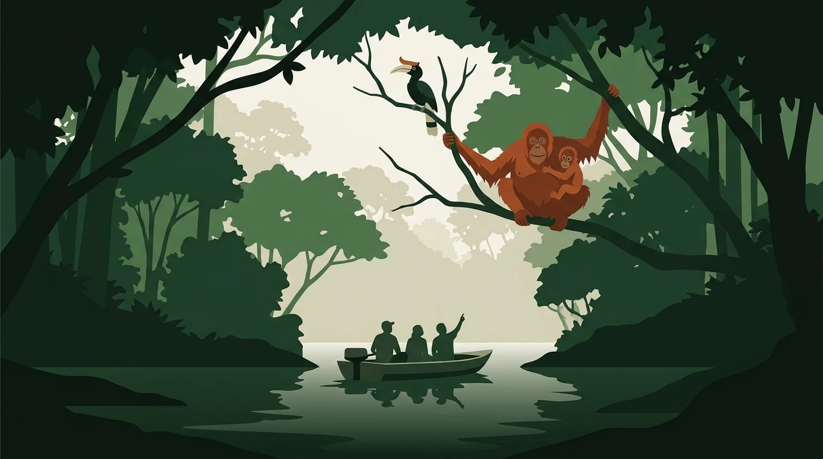 Illustration of a boat entering a narrow rainforest tributary with an orangutan and her infant above