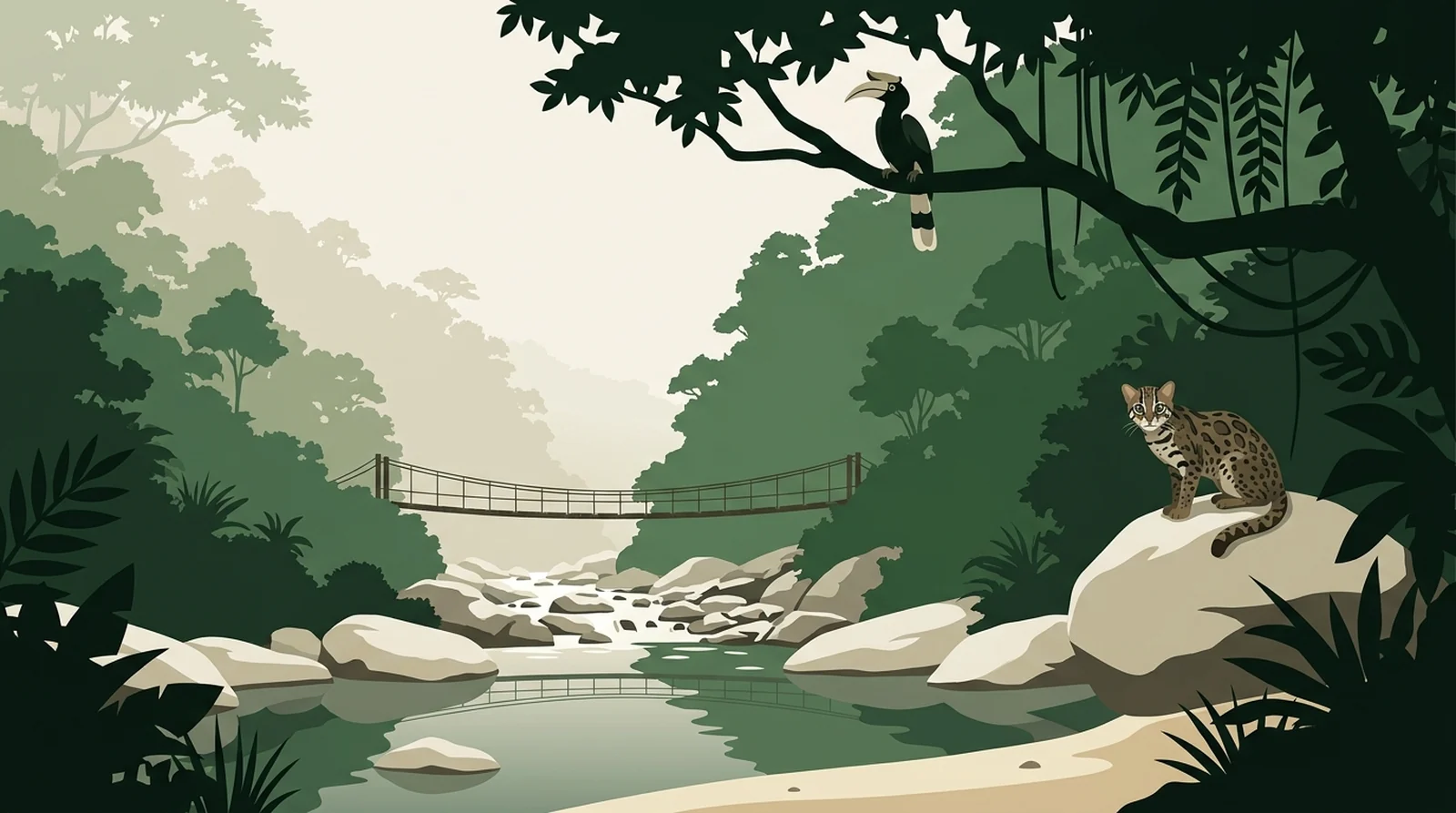 Illustration of a clear rocky river running out of forested hills with a footbridge beyond