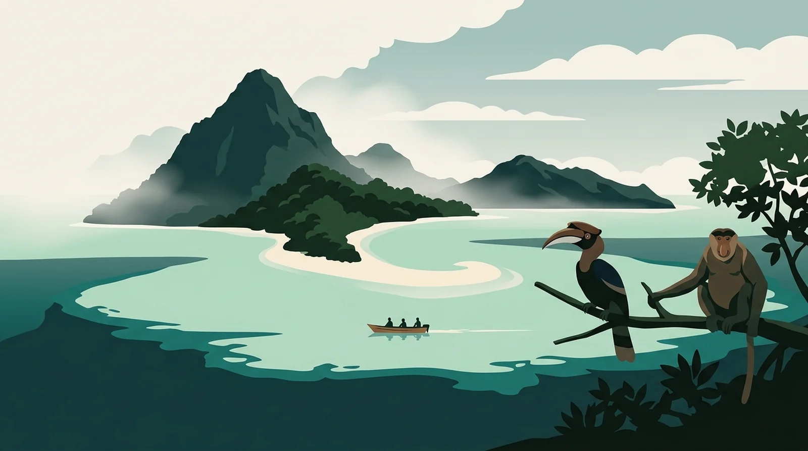 Illustration of steep volcanic islands rising from a turquoise lagoon