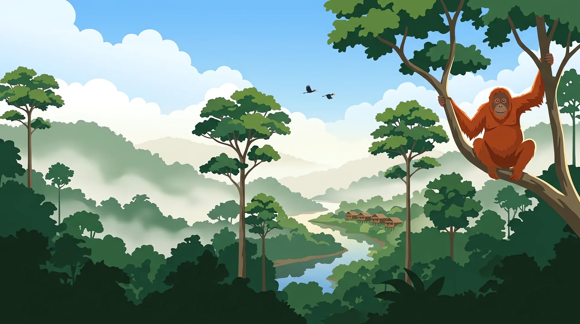 Illustration of the Danum Valley at morning with the river, the lodge, hornbills and an orangutan