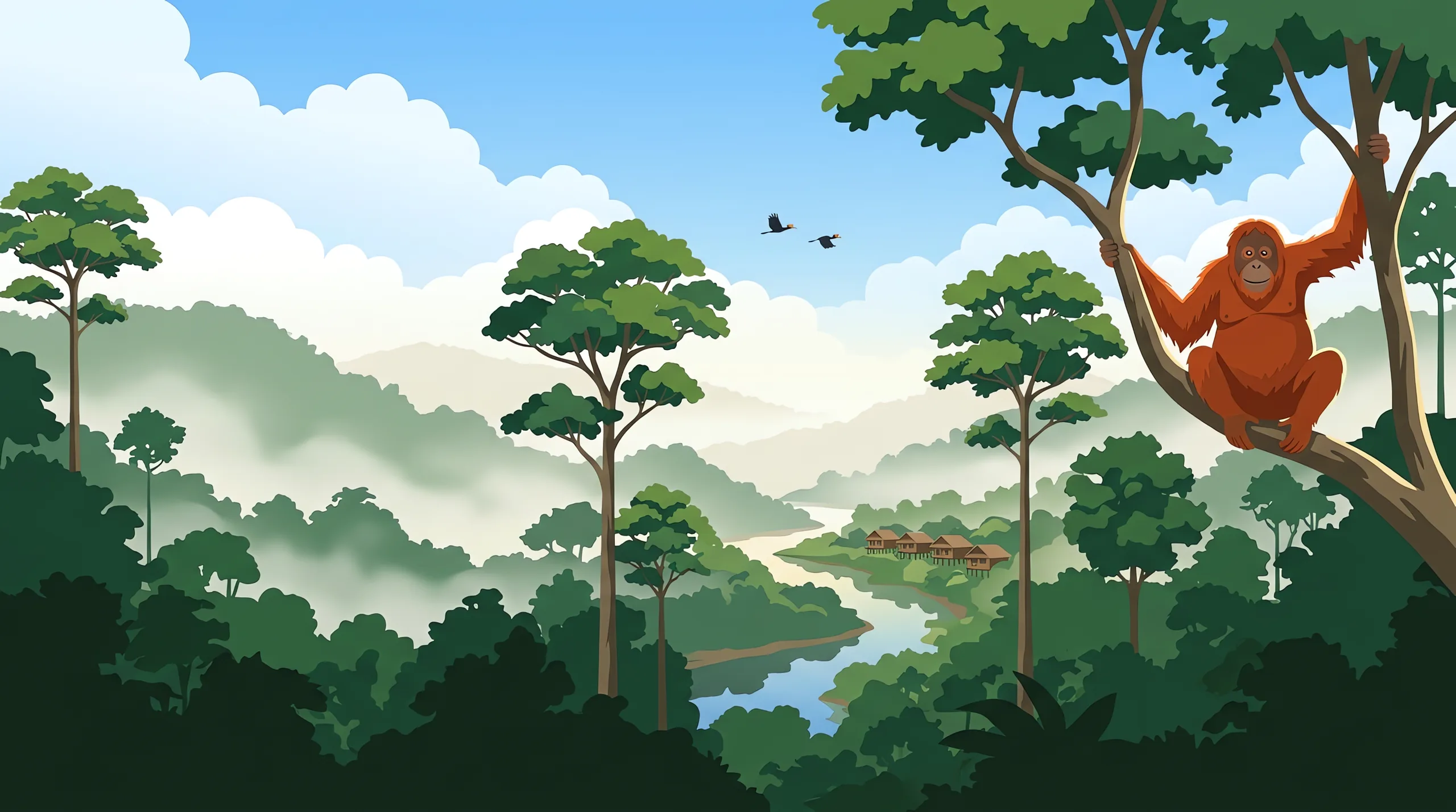 Illustration of the Danum Valley at morning with the river, the lodge, hornbills and an orangutan