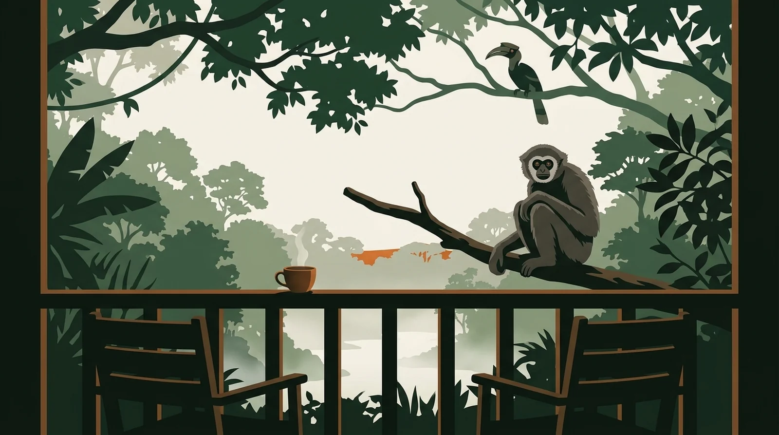 Illustration of a lodge veranda at dawn above a misted rainforest river with a gibbon in a nearby tree