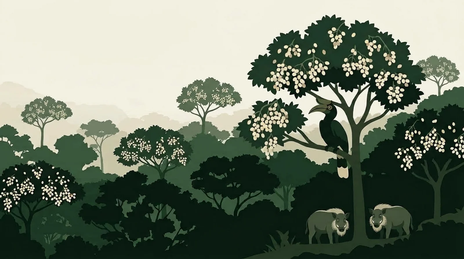 Illustration of a rainforest canopy in fruit with bearded pigs moving through the understorey below