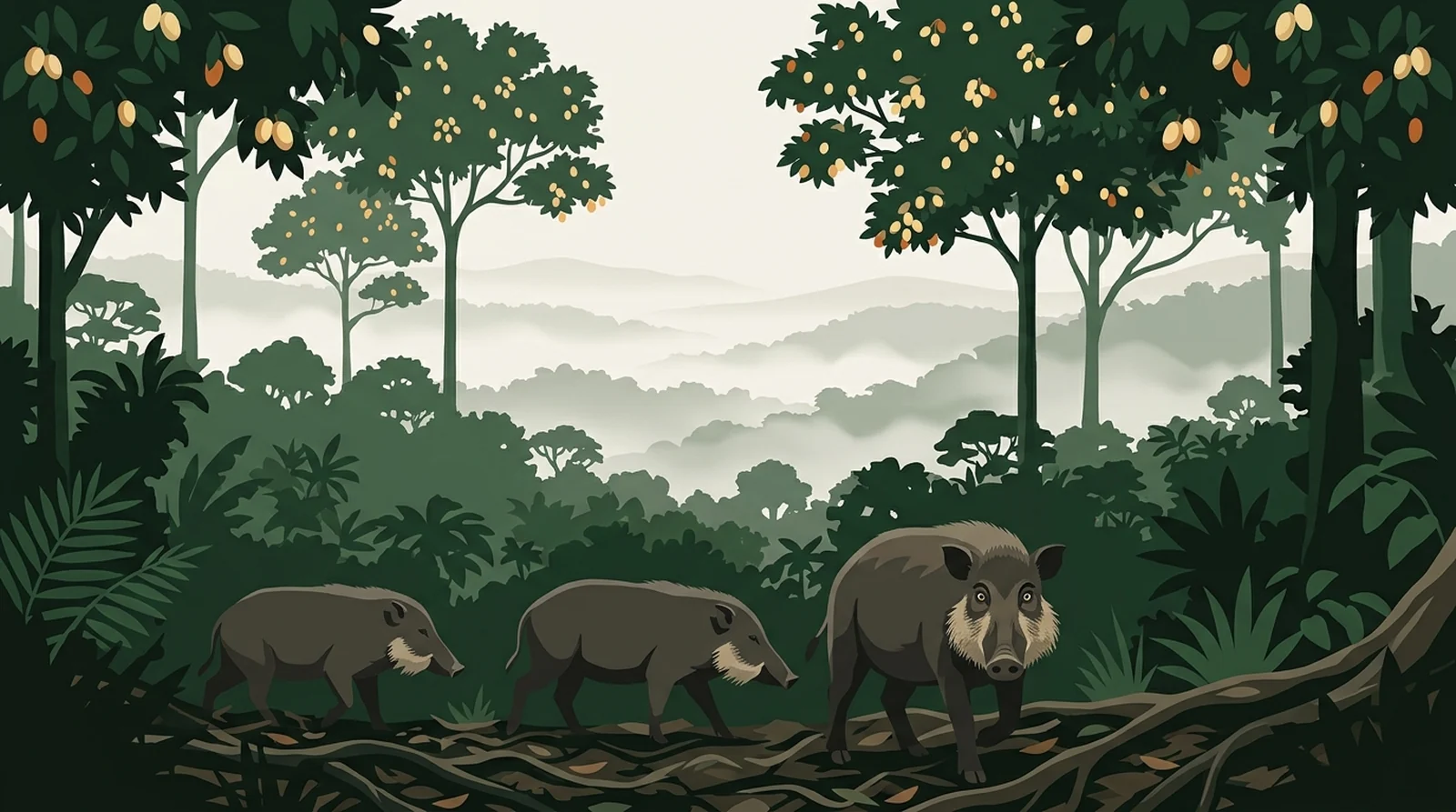 Illustration of a rainforest canopy in fruit with bearded pigs moving through the understorey below