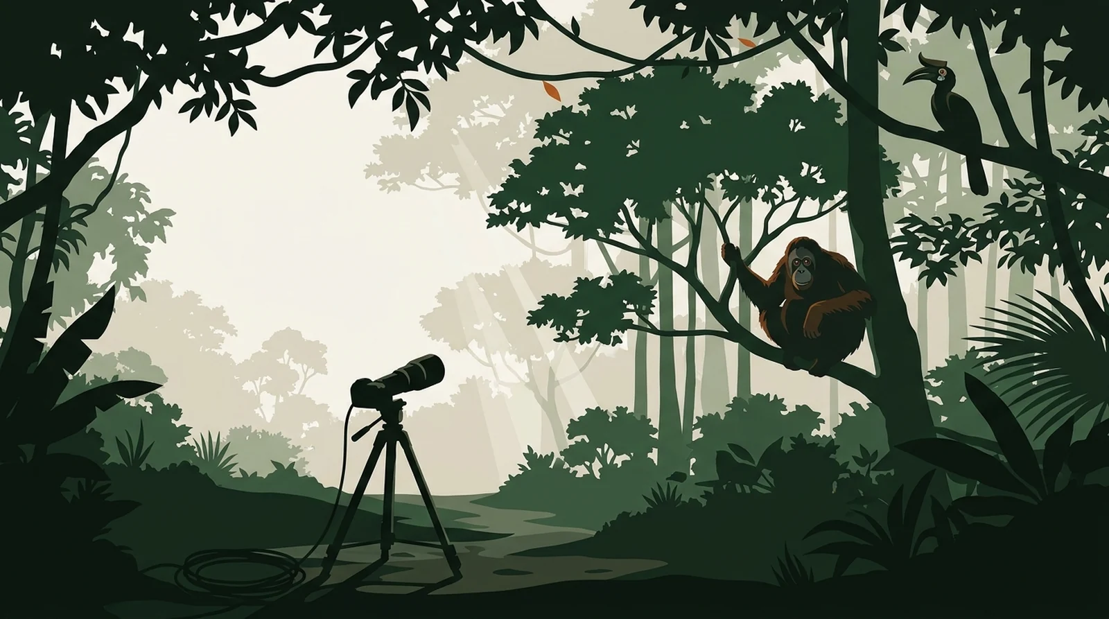 Illustration of an unattended camera on a rainforest trail with an orangutan watching from a branch