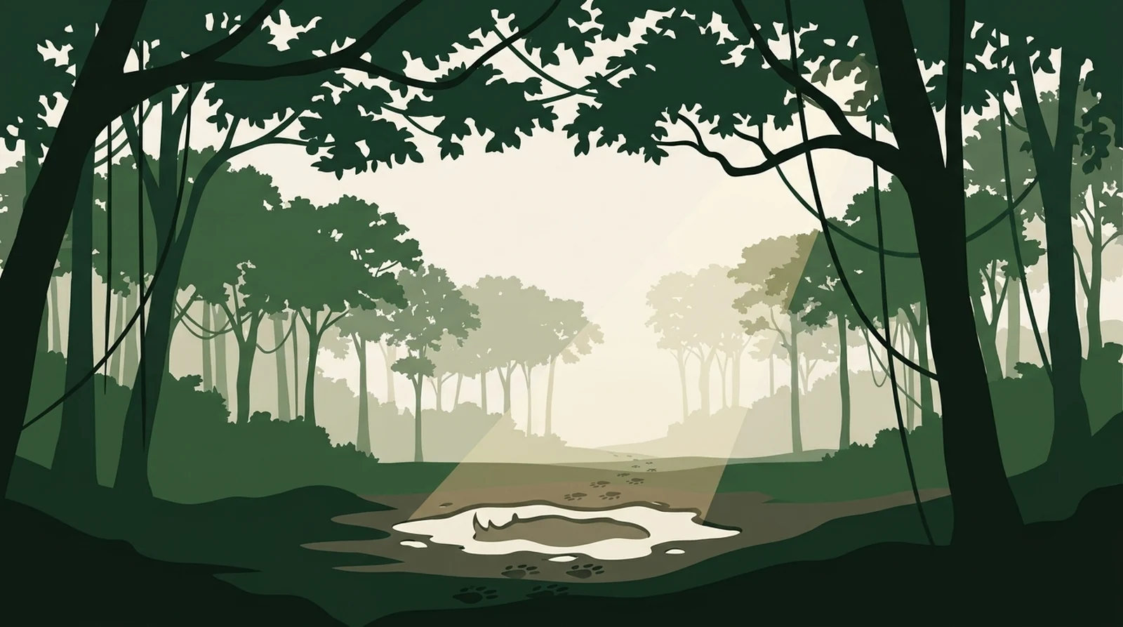 Illustration of an empty rhino wallow in lowland rainforest with tracks leading away