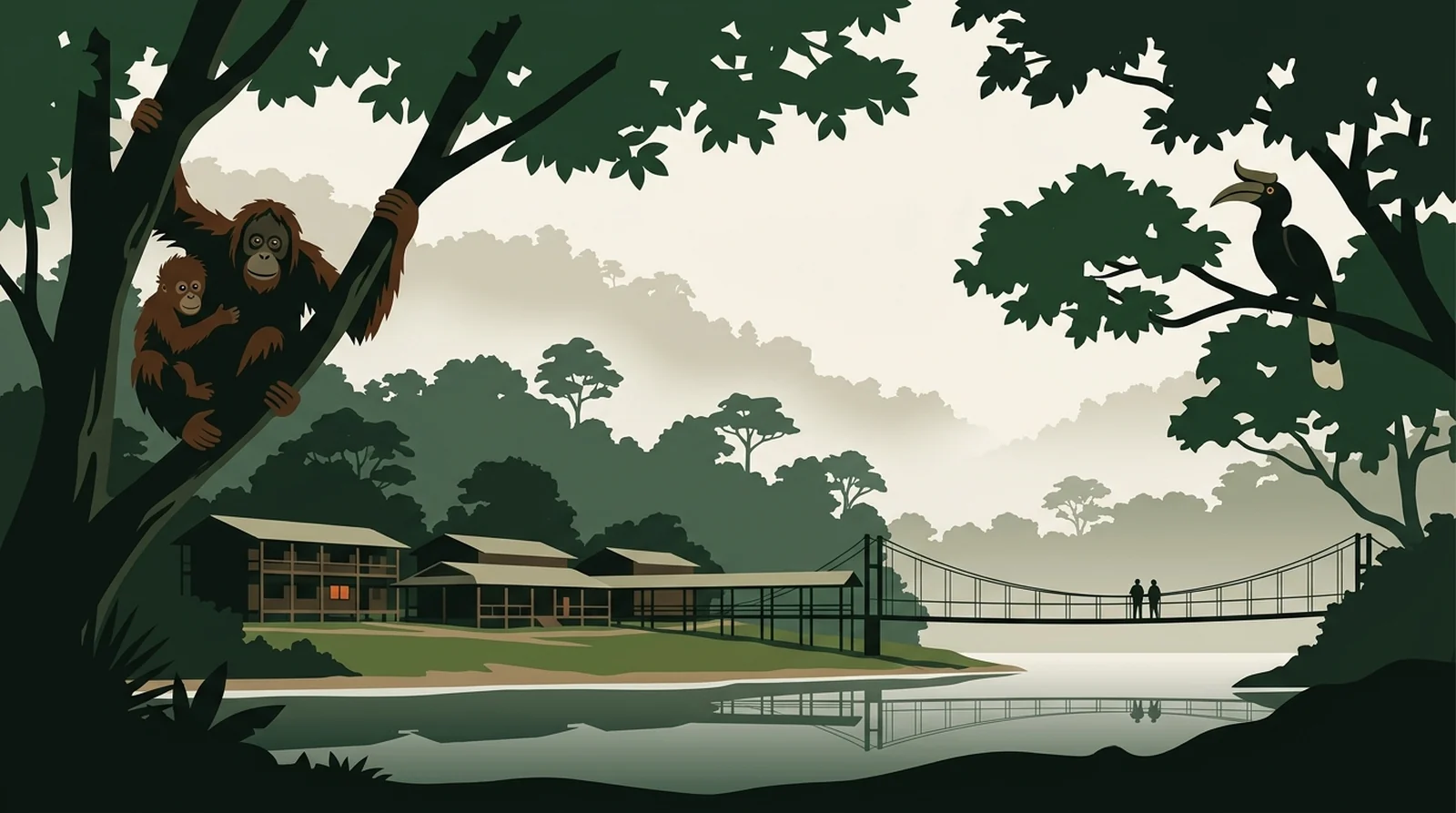 Illustration of research station buildings and a suspension footbridge beside a rainforest river