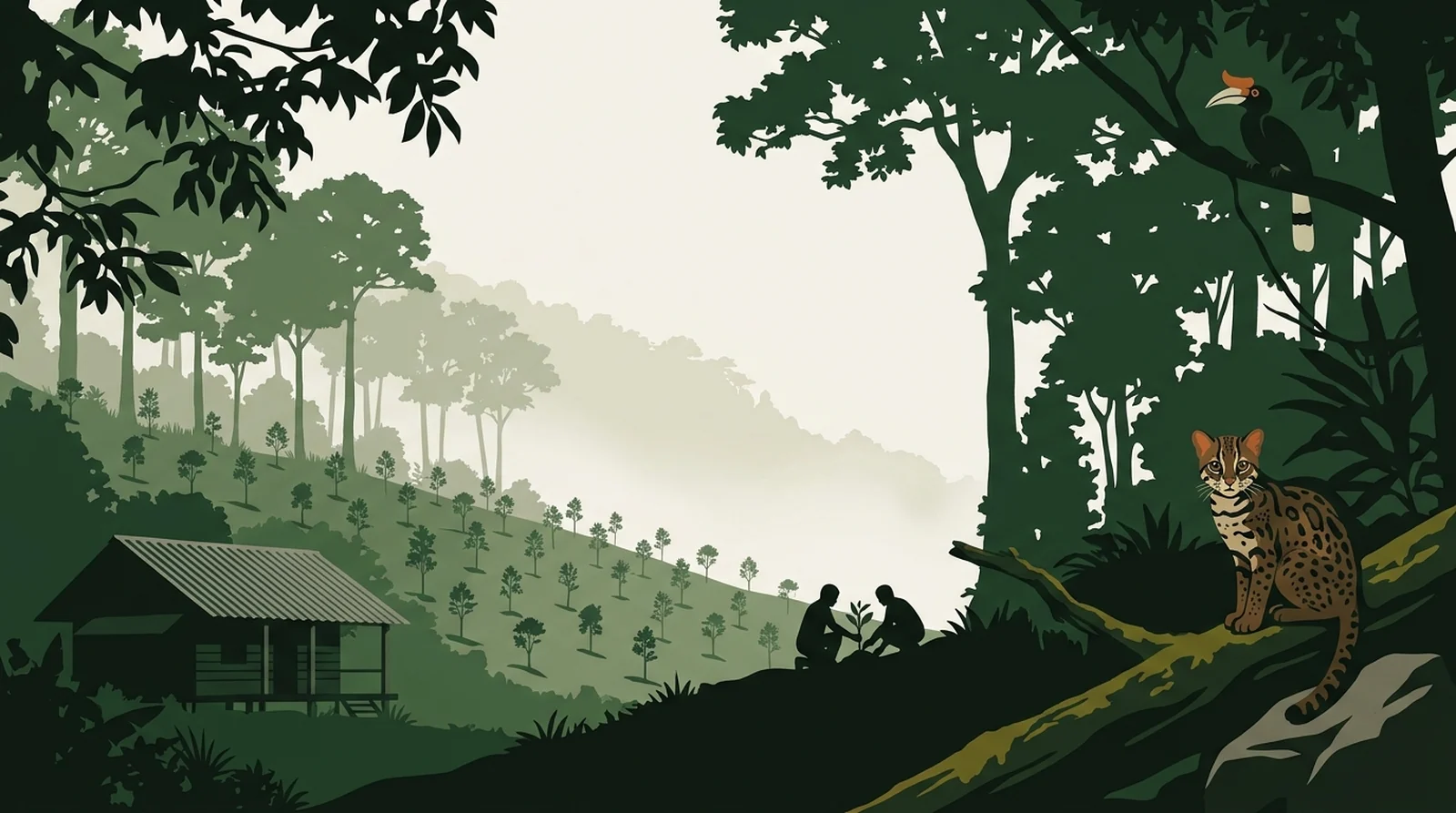 Illustration of a replanted hillside of young trees rising toward mature rainforest