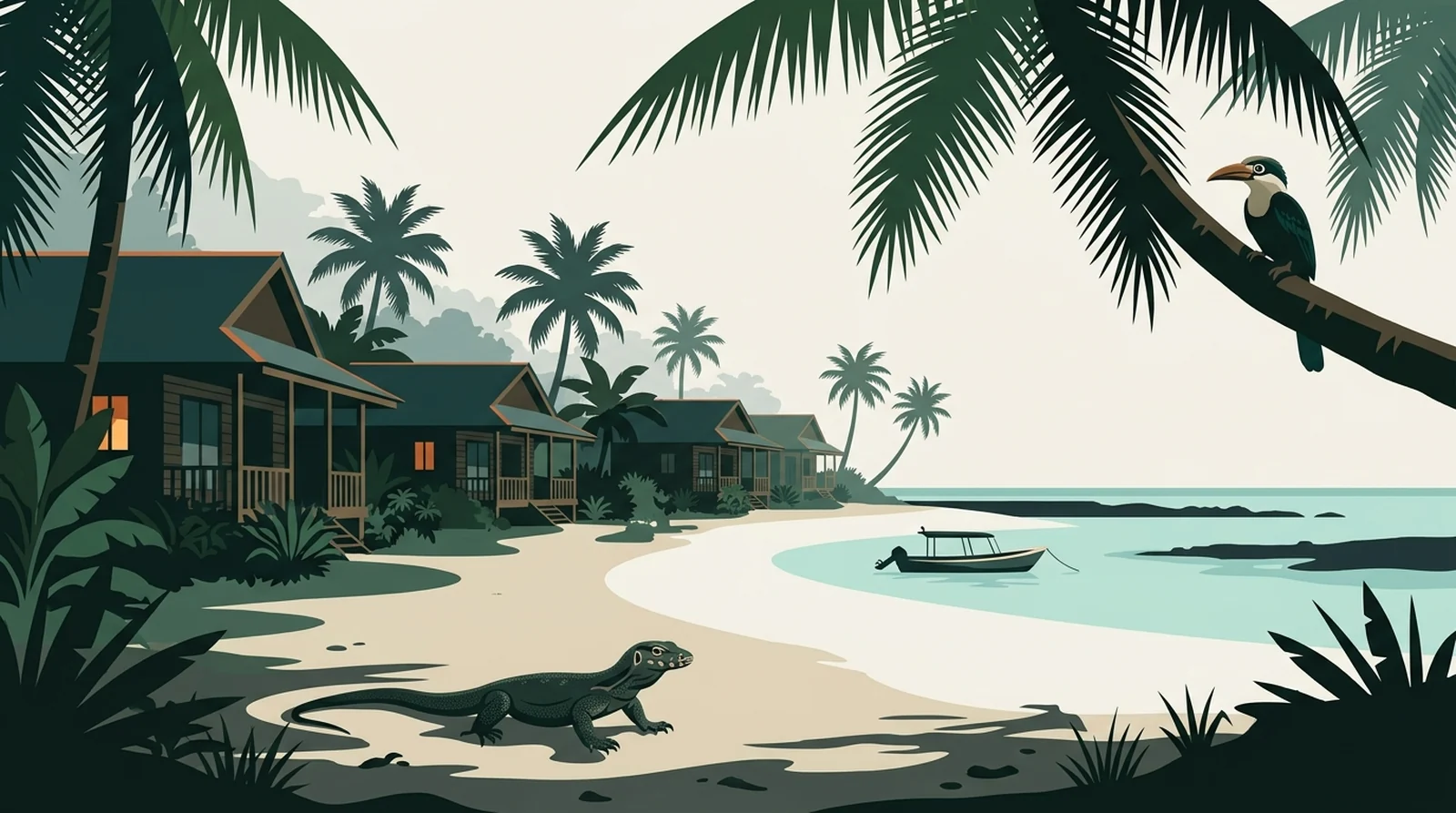 Illustration of a beach resort built on the sand at Mabul with a dive boat drawn up