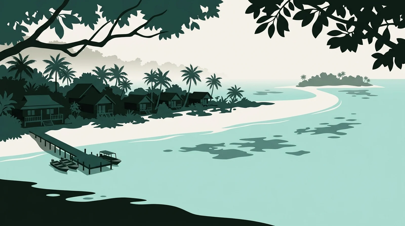 Illustration of a beach resort with a sand spit running into turquoise water