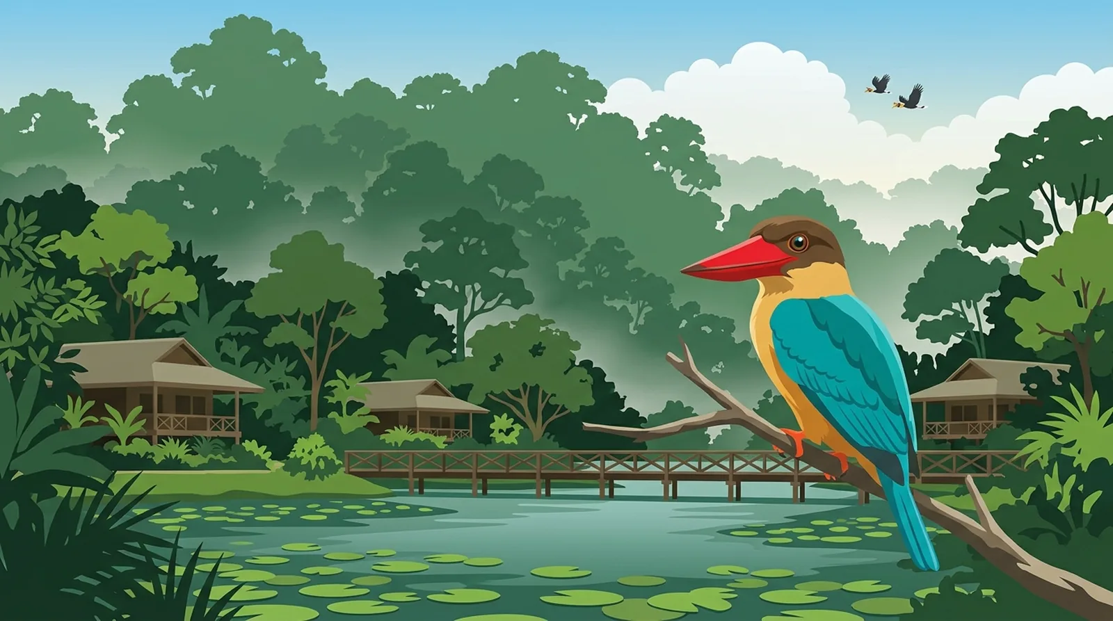 Illustration of a garden resort with a lily lake and footbridge against a rainforest wall