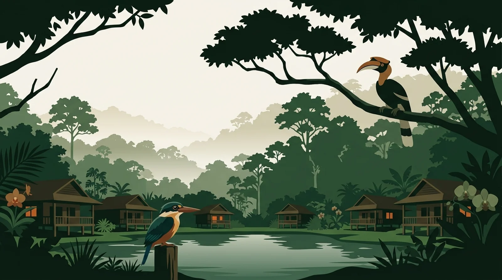 Illustration of timber chalets around a central lake with rainforest rising behind