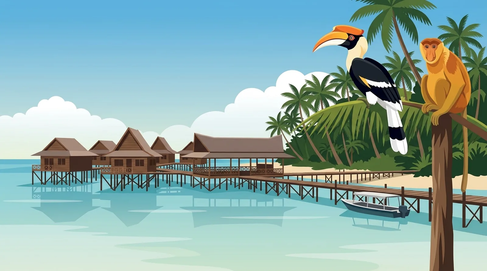 Illustration of a timber water village with steep traditional roofs beside a forested island