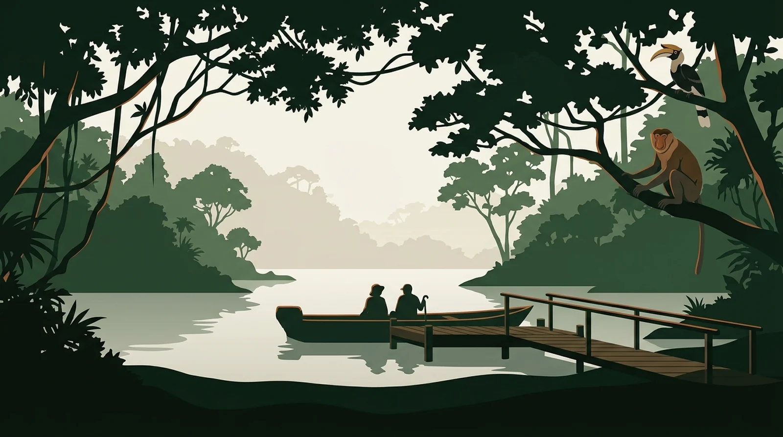 Illustration of a flat-bottomed river boat at a jetty with a gentle ramp and handrail