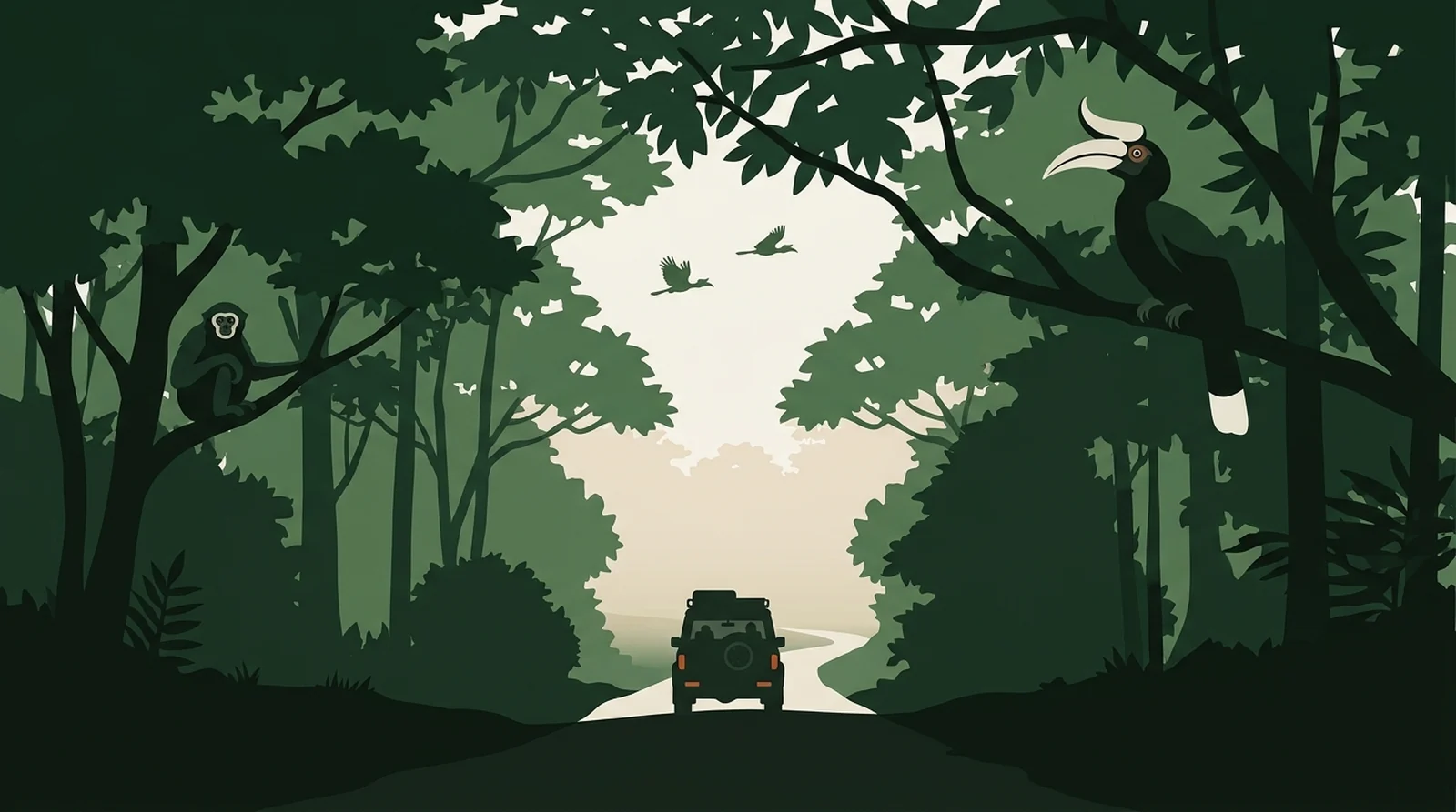 Illustration of a four-wheel-drive on a gravel road cutting through dense rainforest