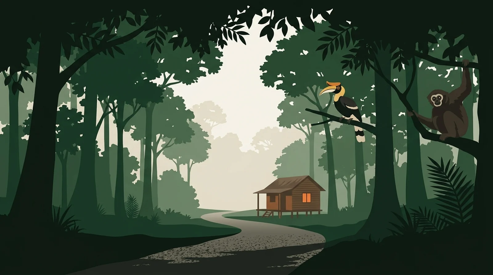 Illustration of an empty gravel forest road with a small clinic hut at the roadside