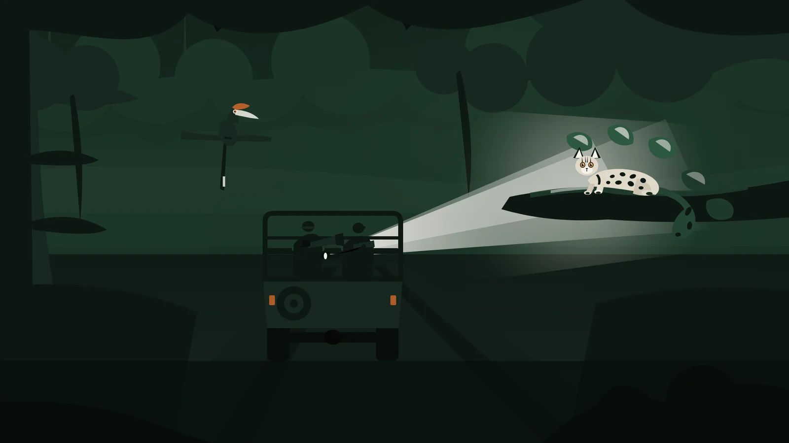 Illustration of photographers with long lenses in a night vehicle, a leopard cat in the spotlight beam