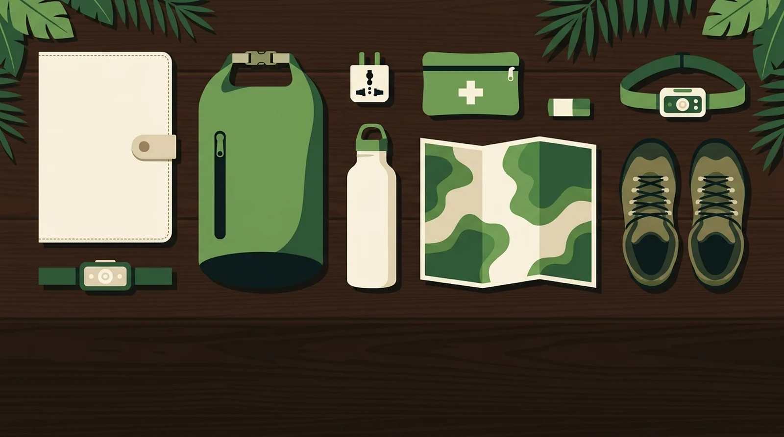 Illustration of practical travel items laid out flat: dry bag, adapter, first-aid pouch, torch, boots