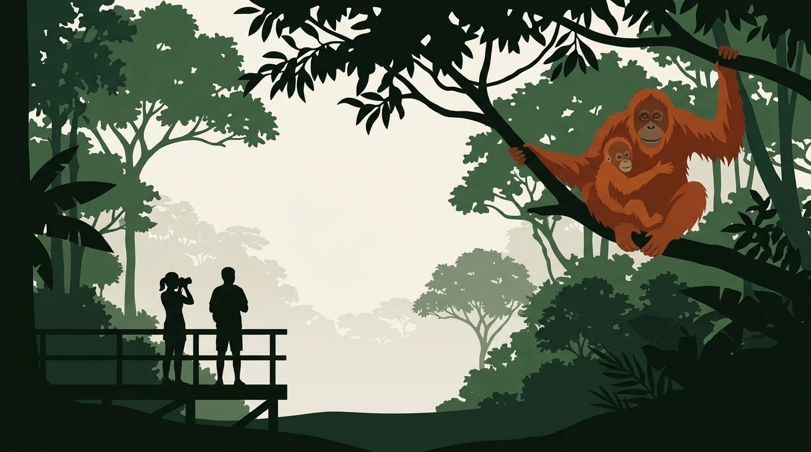 Illustration of two visitors watching an orangutan and her infant from a respectful distance