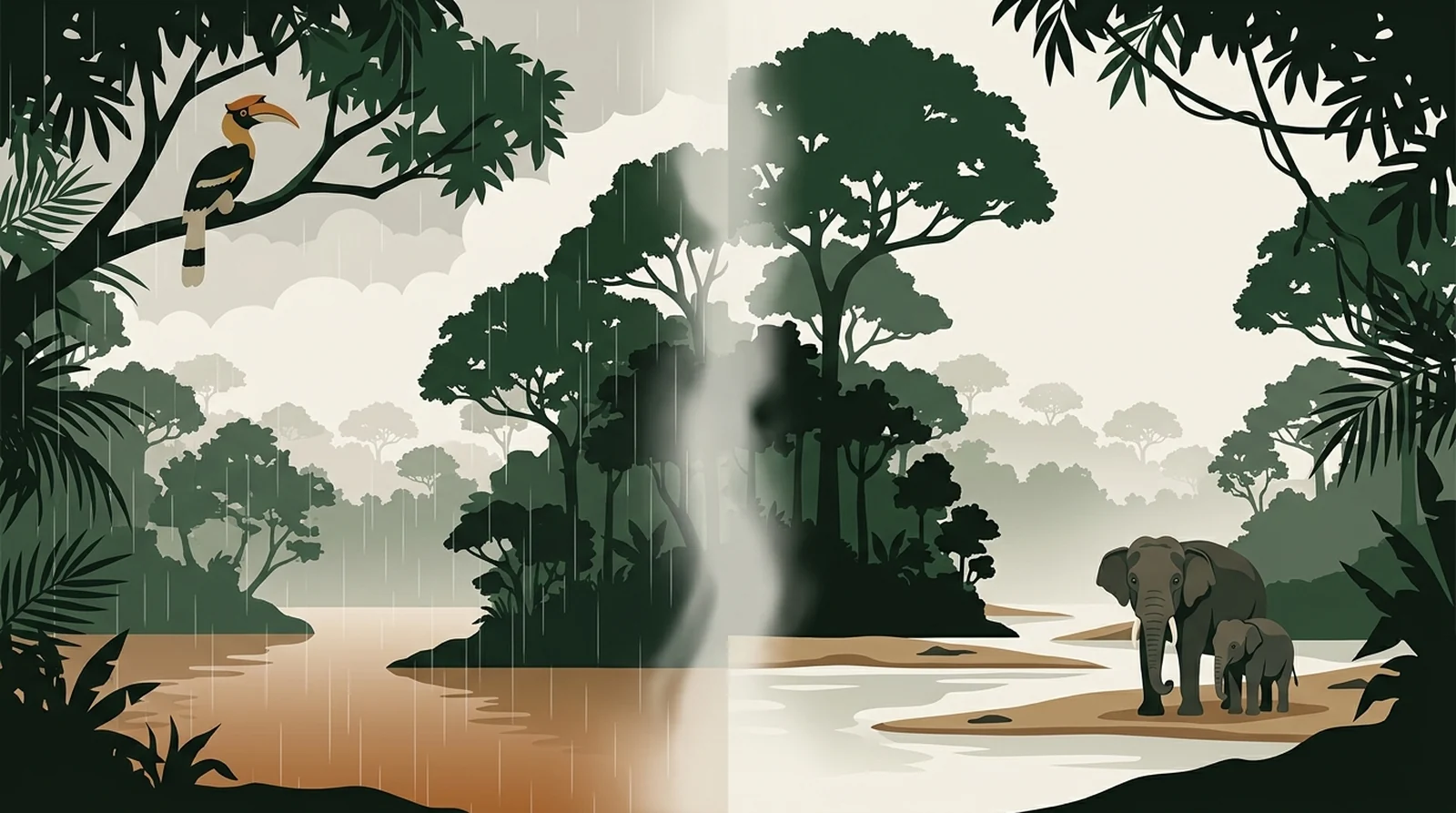 Illustration comparing a rainforest river in the wet and drier months with elephants on a sandbar