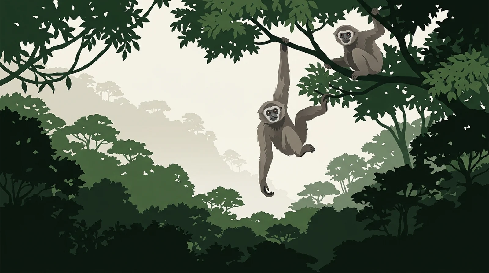 Illustration of a Bornean gibbon hanging by one arm high in the canopy with a second behind