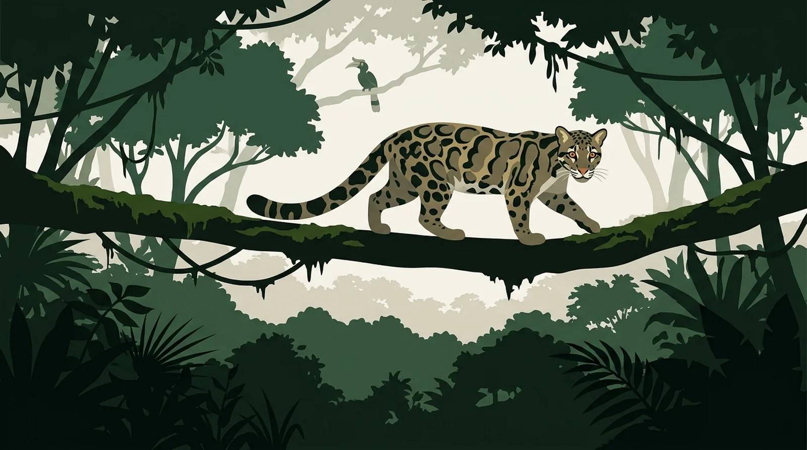 Illustration of a Sunda clouded leopard walking along a branch in profile