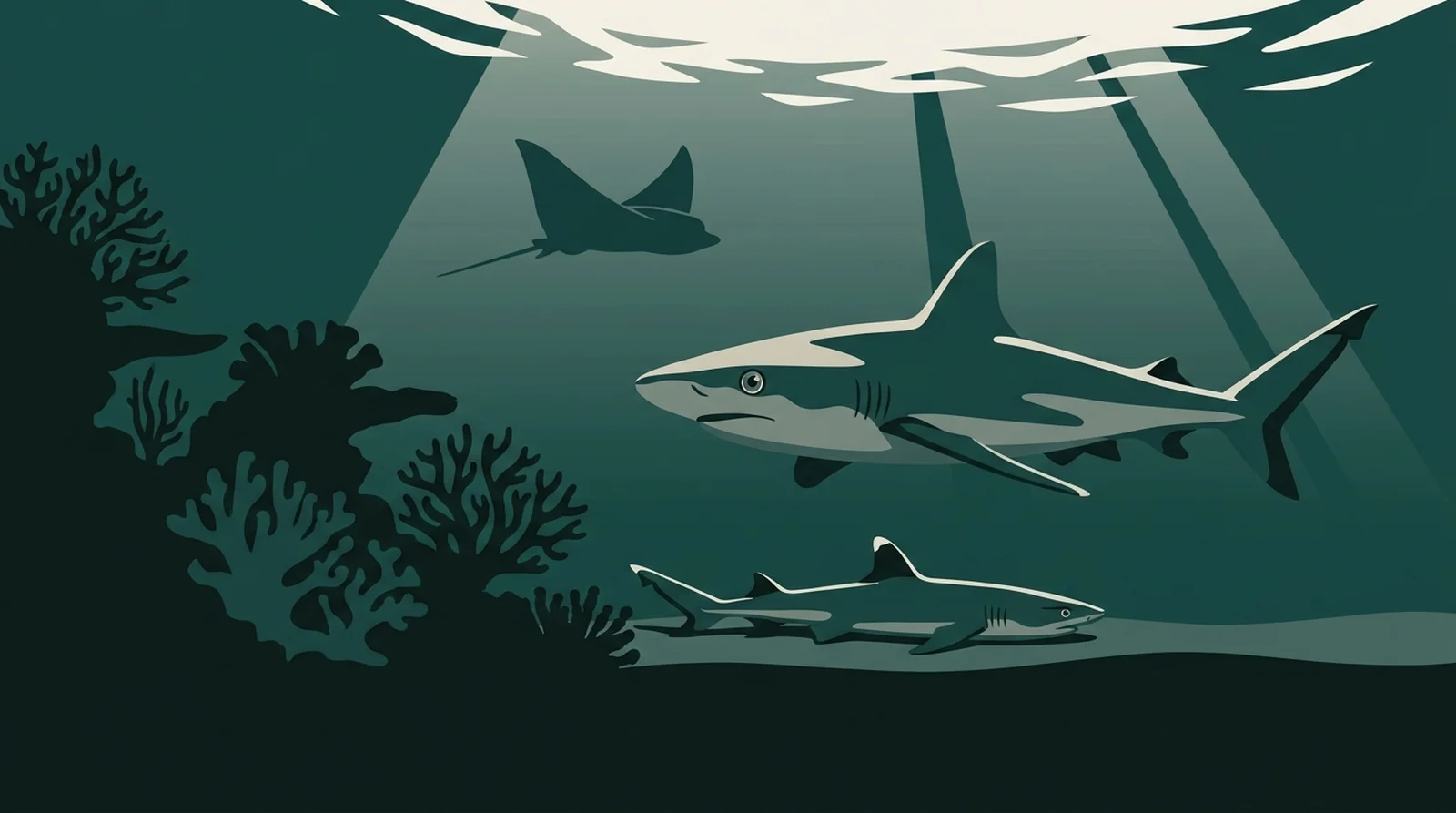 Illustration of a grey reef shark, a resting whitetip and an eagle ray along a reef edge