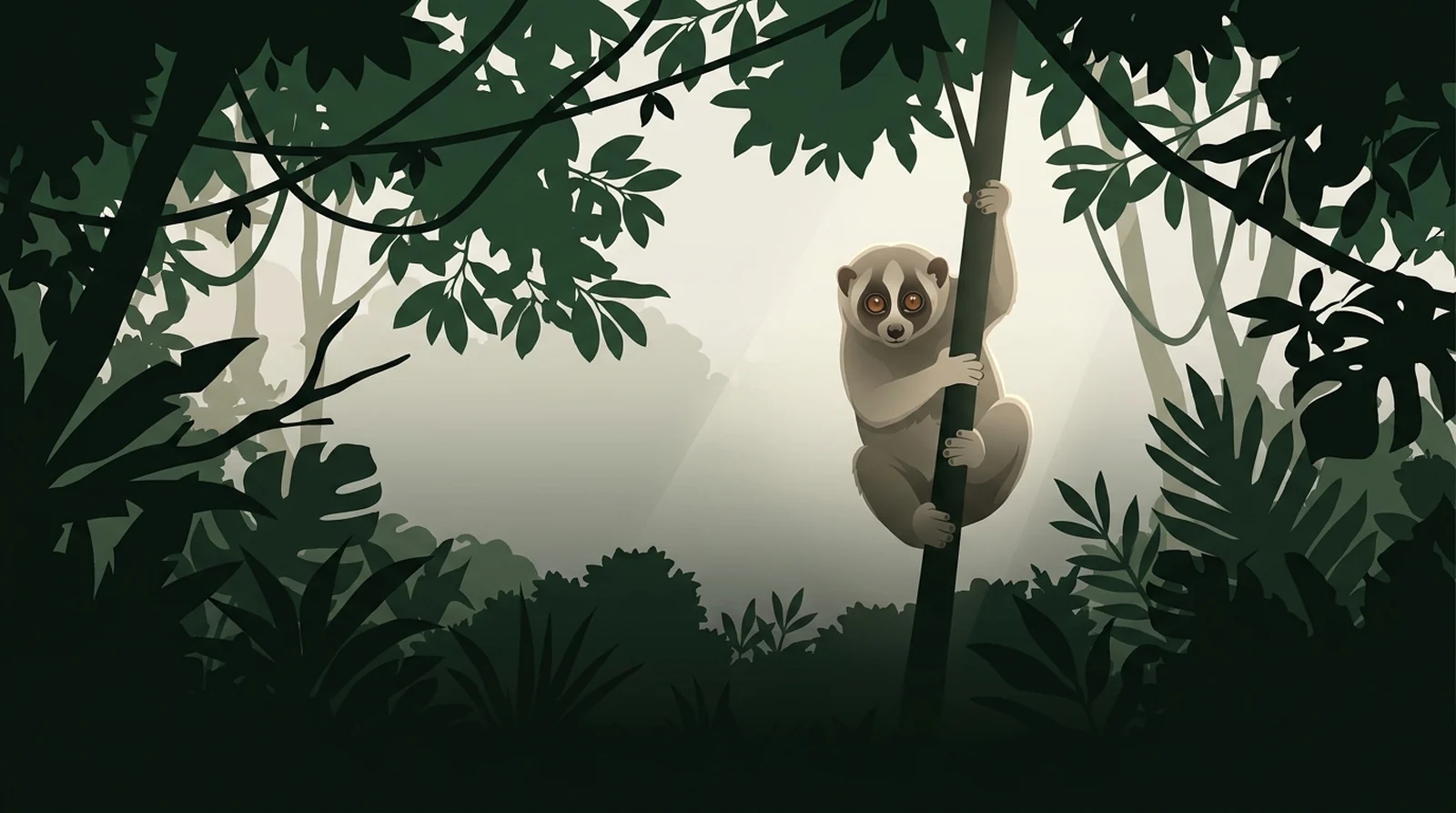 Illustration of a Bornean slow loris clinging to a sapling at night with its large eyes catching the light