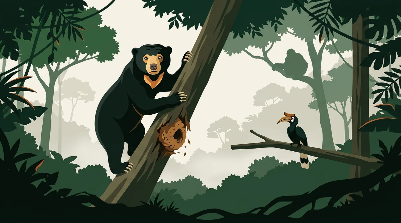 Illustration of a Bornean sun bear climbing a leaning trunk with its claws gripping the bark