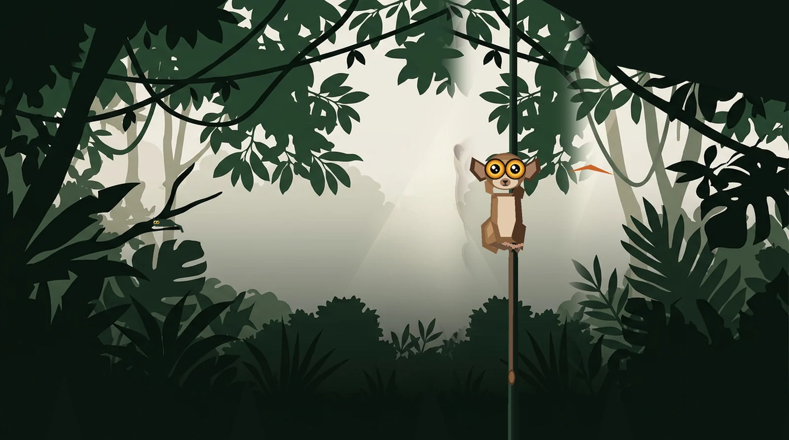 Illustration of a western tarsier clinging to a sapling at night with its huge eyes catching the light